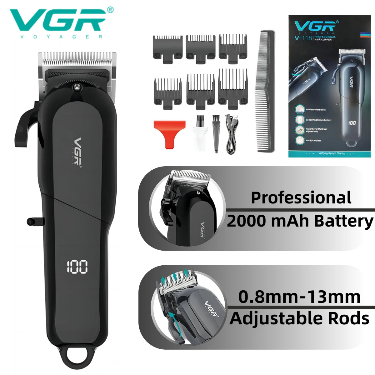 VGR LED Display Adjustable Hair Clippers