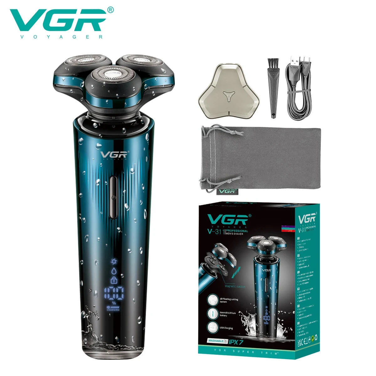 VGR Digital Display IPX7 Electric Shaver